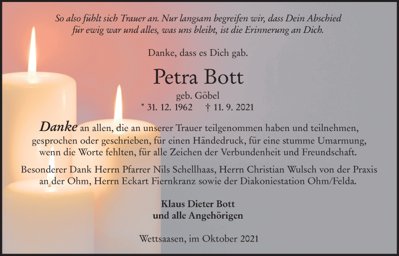  Traueranzeige für Petra Bott vom 16.10.2021 aus Mücker Stimme