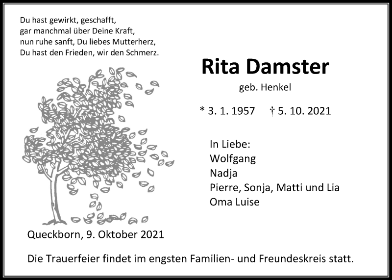  Traueranzeige für Rita Damster vom 09.10.2021 aus Giessener Allgemeine, Alsfelder Allgemeine