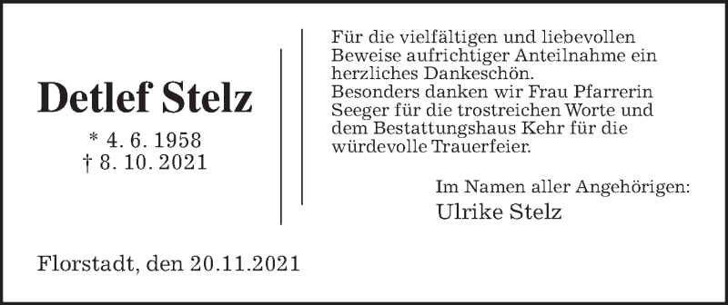  Traueranzeige für Detlef Stelz vom 20.11.2021 aus Wetterauer Zeitung, Wetterauer Zeitung