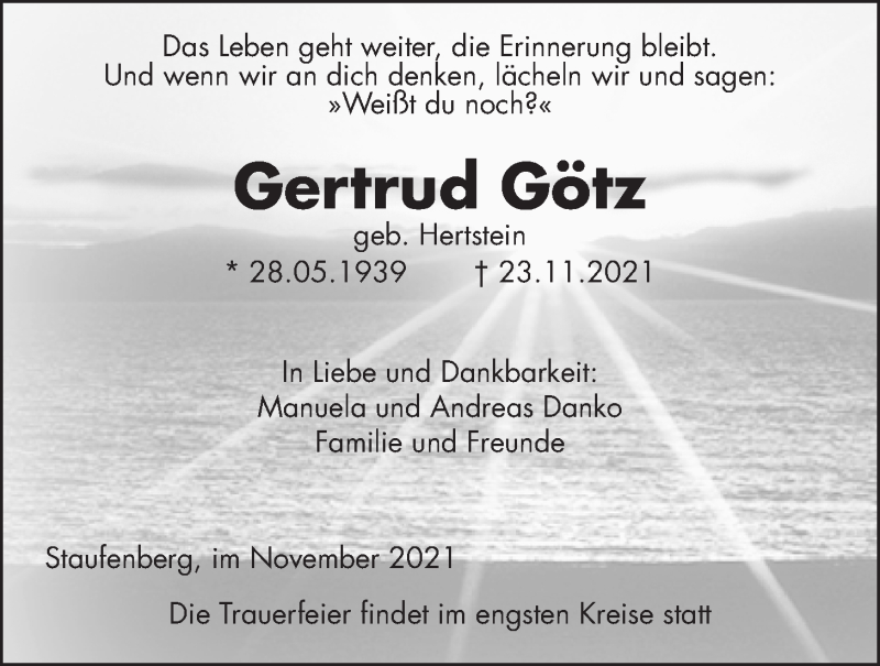  Traueranzeige für Gertrud Götz vom 27.11.2021 aus Giessener Anzeiger
