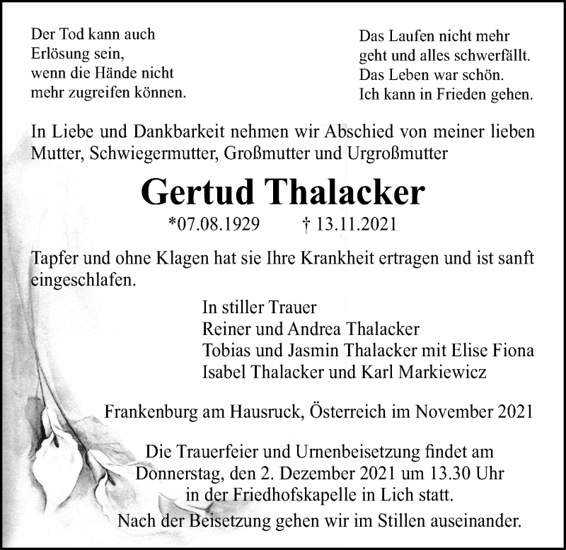  Traueranzeige für Gertrud Thalacker vom 25.11.2021 aus Licher Wochenblatt