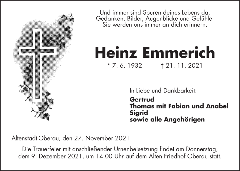  Traueranzeige für Heinz Emmerich vom 27.11.2021 aus Kreis-Anzeiger