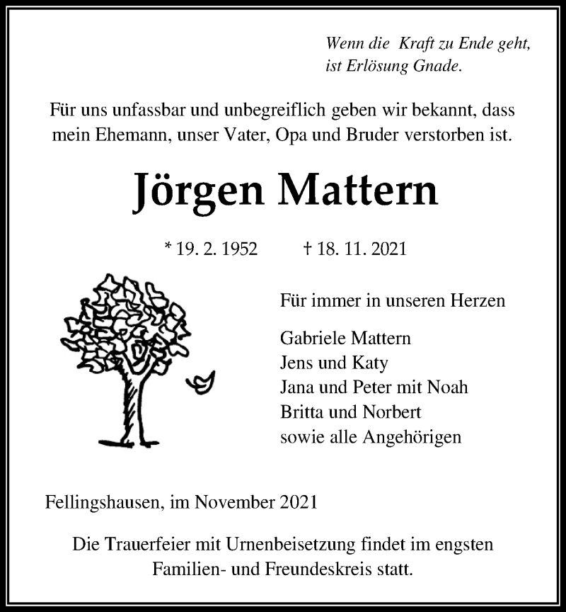  Traueranzeige für Jörgen Mattern vom 27.11.2021 aus Giessener Anzeiger