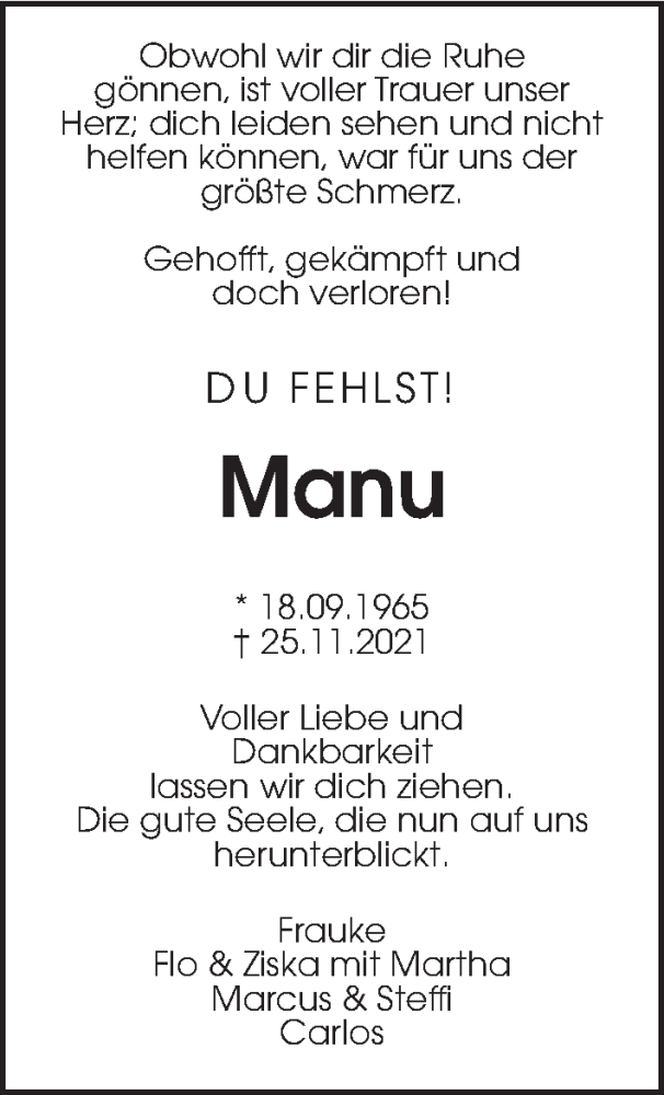  Traueranzeige für Manuela Scheld vom 27.11.2021 aus Giessener Allgemeine, Alsfelder Allgemeine