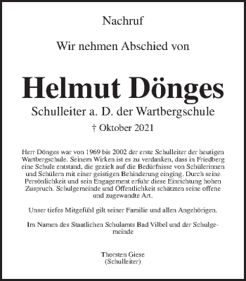 Traueranzeige von Helmut Dönges von Wetterauer Zeitung