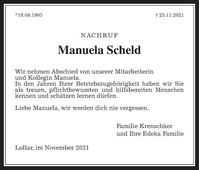  Traueranzeige für Manuela Scheld vom 04.12.2021 aus Giessener Allgemeine, Alsfelder Allgemeine