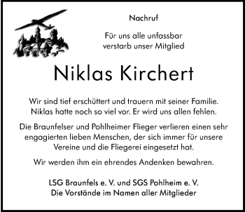 Traueranzeige von Niklas Kirchert von Giessener Allgemeine, Alsfelder Allgemeine