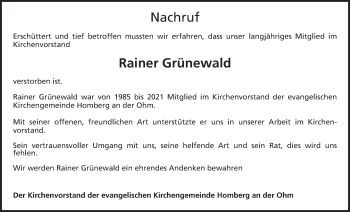 Traueranzeige von Rainer Grünewald von Alsfelder Allgemeine