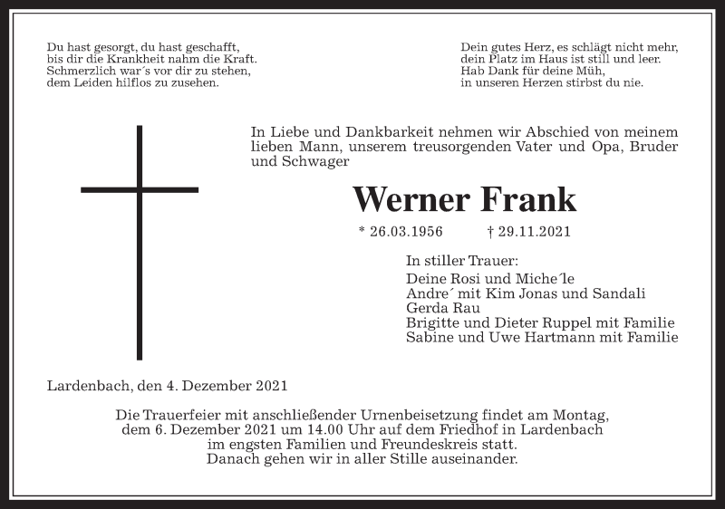  Traueranzeige für Werner Frank vom 04.12.2021 aus Giessener Allgemeine, Alsfelder Allgemeine