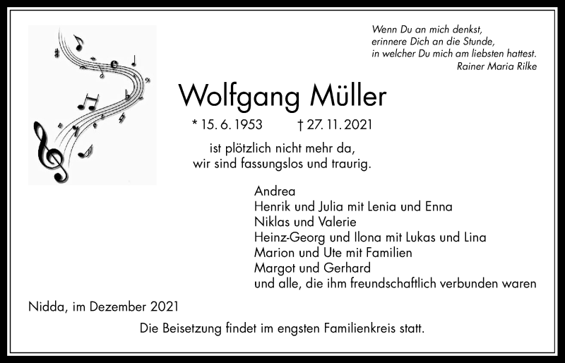  Traueranzeige für Wolfgang Müller vom 04.12.2021 aus Kreis-Anzeiger