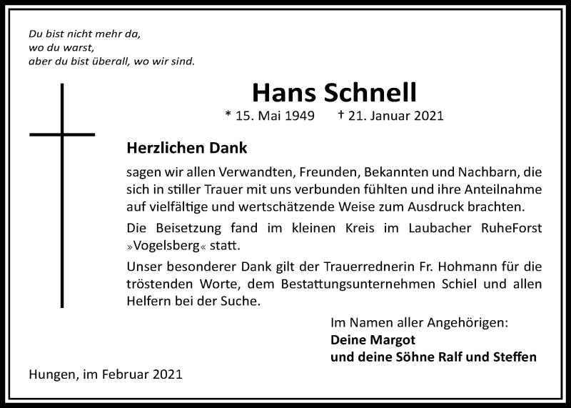  Traueranzeige für Hans Schnell vom 18.02.2021 aus Licher Wochenblatt
