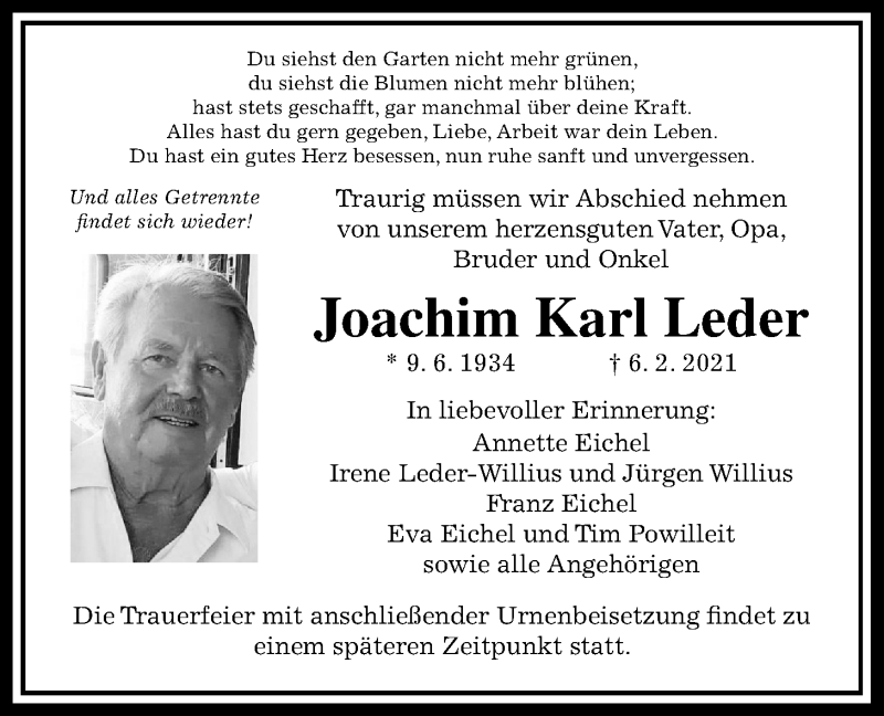  Traueranzeige für Joachim Karl Leder vom 13.02.2021 aus Wetterauer Zeitung