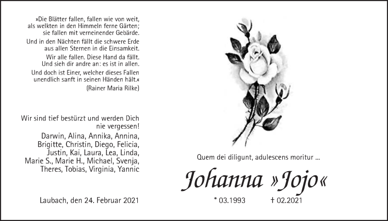  Traueranzeige für Johanna Steinbach vom 25.02.2021 aus Giessener Allgemeine, Alsfelder Allgemeine