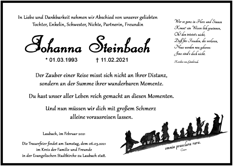  Traueranzeige für Johanna Steinbach vom 24.02.2021 aus Giessener Allgemeine, Alsfelder Allgemeine, Laubacher Anzeiger