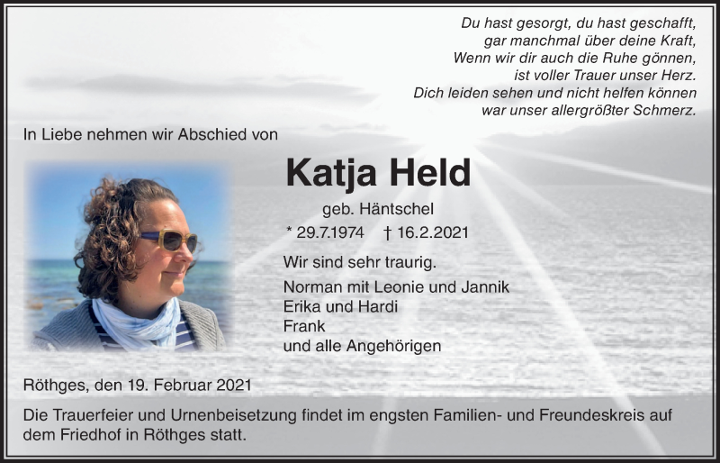  Traueranzeige für Katja Held vom 24.02.2021 aus Giessener Allgemeine, Alsfelder Allgemeine