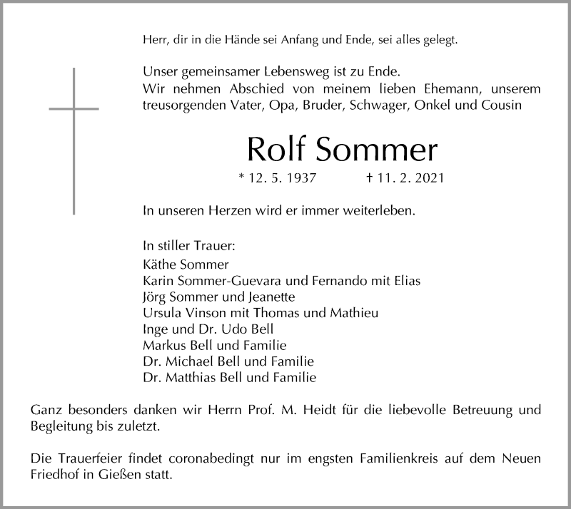  Traueranzeige für Rolf Sommer vom 27.02.2021 aus Giessener Allgemeine, Alsfelder Allgemeine