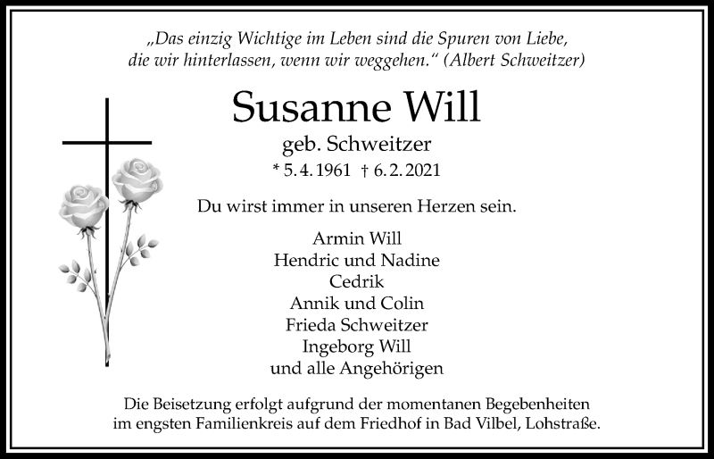  Traueranzeige für Susanne Will vom 11.02.2021 aus Bad Vilbel/Karben