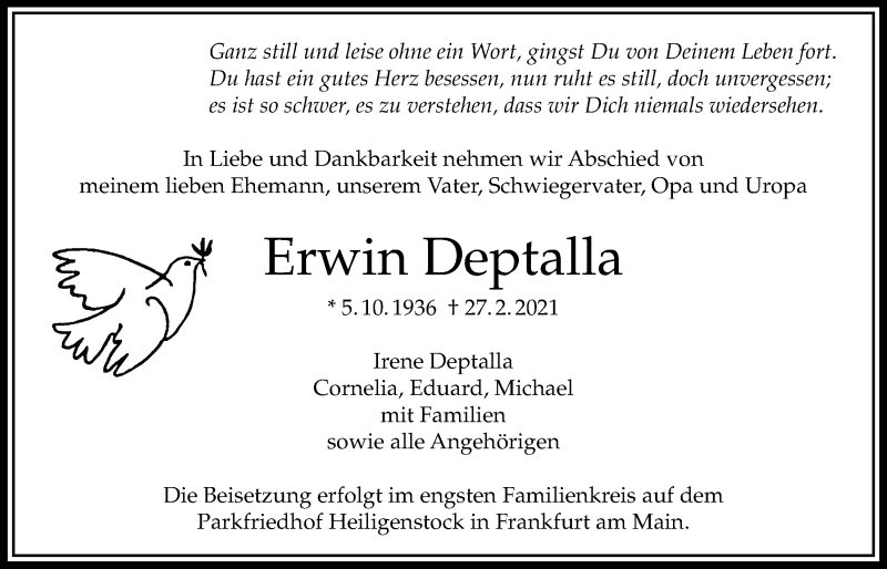  Traueranzeige für Erwin Deptalla vom 11.03.2021 aus Bad Vilbel/Karben