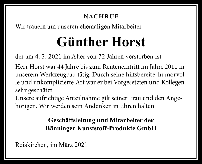  Traueranzeige für Günther Horst vom 13.03.2021 aus Giessener Allgemeine, Alsfelder Allgemeine