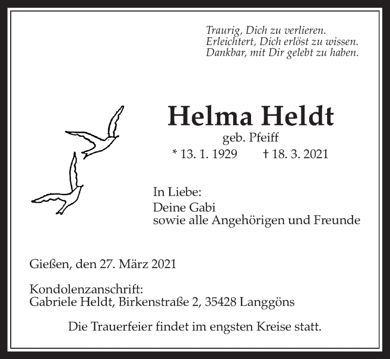 Traueranzeige für Helma Heldt vom 27.03.2021 aus Giessener Allgemeine, Alsfelder Allgemeine