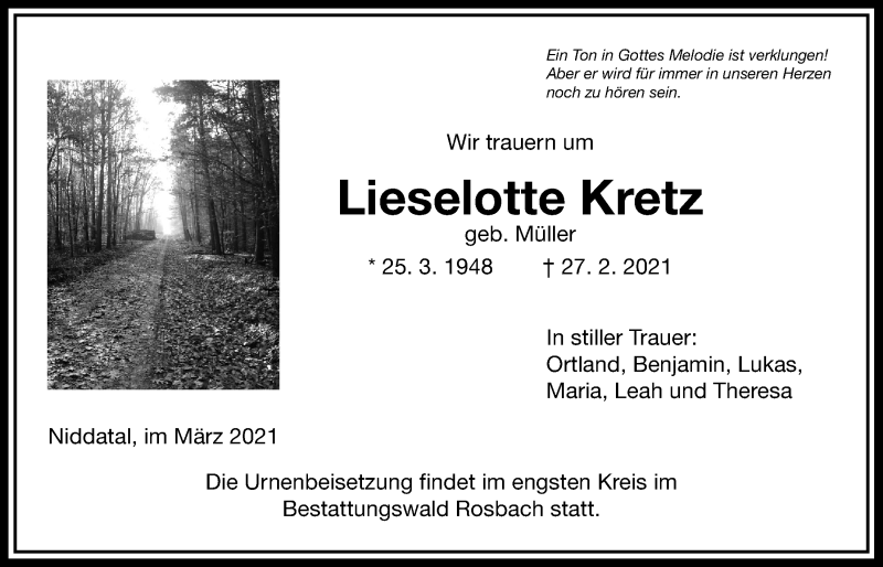  Traueranzeige für Lieselotte Kretz vom 06.03.2021 aus Wetterauer Zeitung