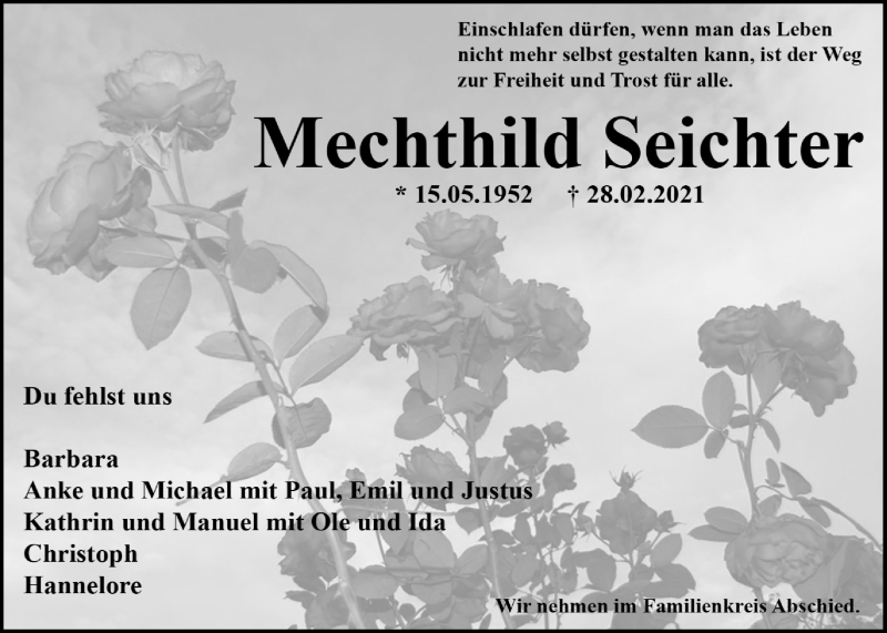  Traueranzeige für Mechthild Seichter vom 06.03.2021 aus Giessener Allgemeine, Alsfelder Allgemeine
