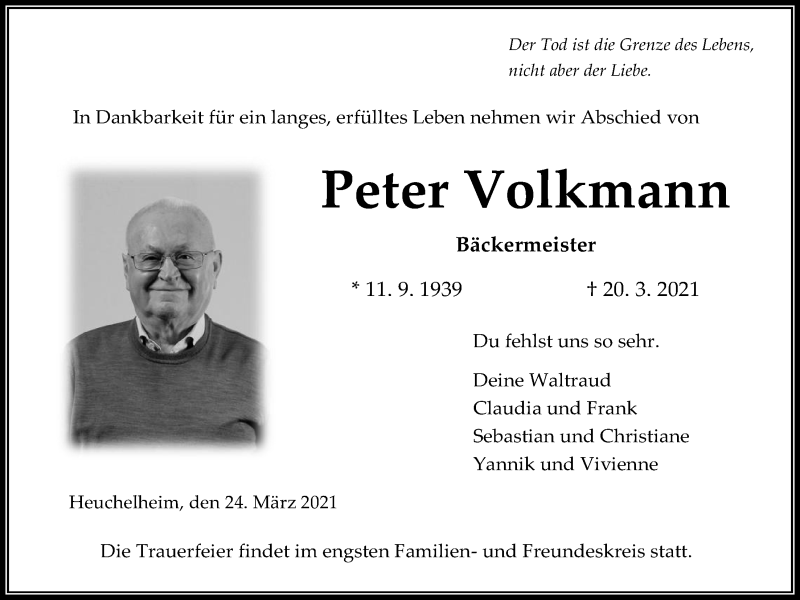  Traueranzeige für Peter Volkmann vom 24.03.2021 aus Giessener Allgemeine, Alsfelder Allgemeine