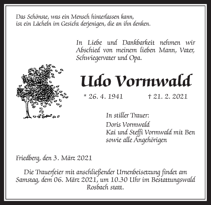  Traueranzeige für Udo Vormwald vom 03.03.2021 aus Wetterauer Zeitung