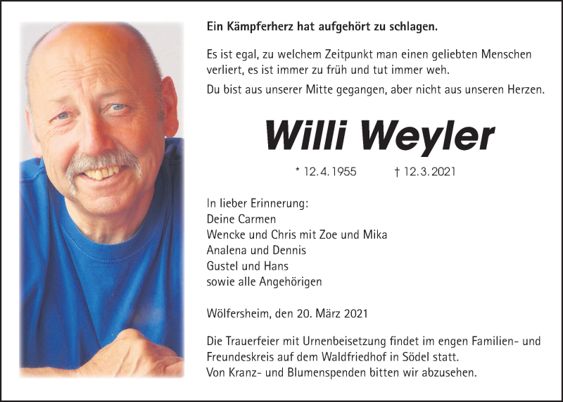 Traueranzeige für Willi Weyler vom 20.03.2021 aus Wetterauer Zeitung