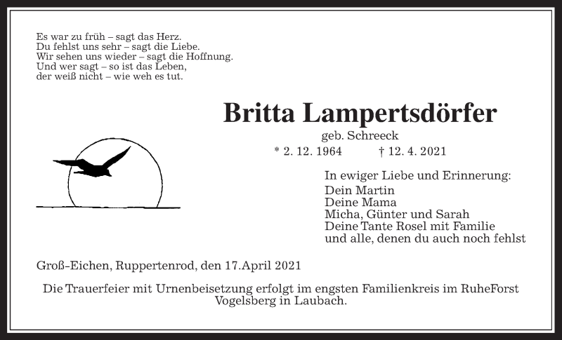  Traueranzeige für Britta Lampertsdörfer vom 17.04.2021 aus Giessener Allgemeine, Alsfelder Allgemeine
