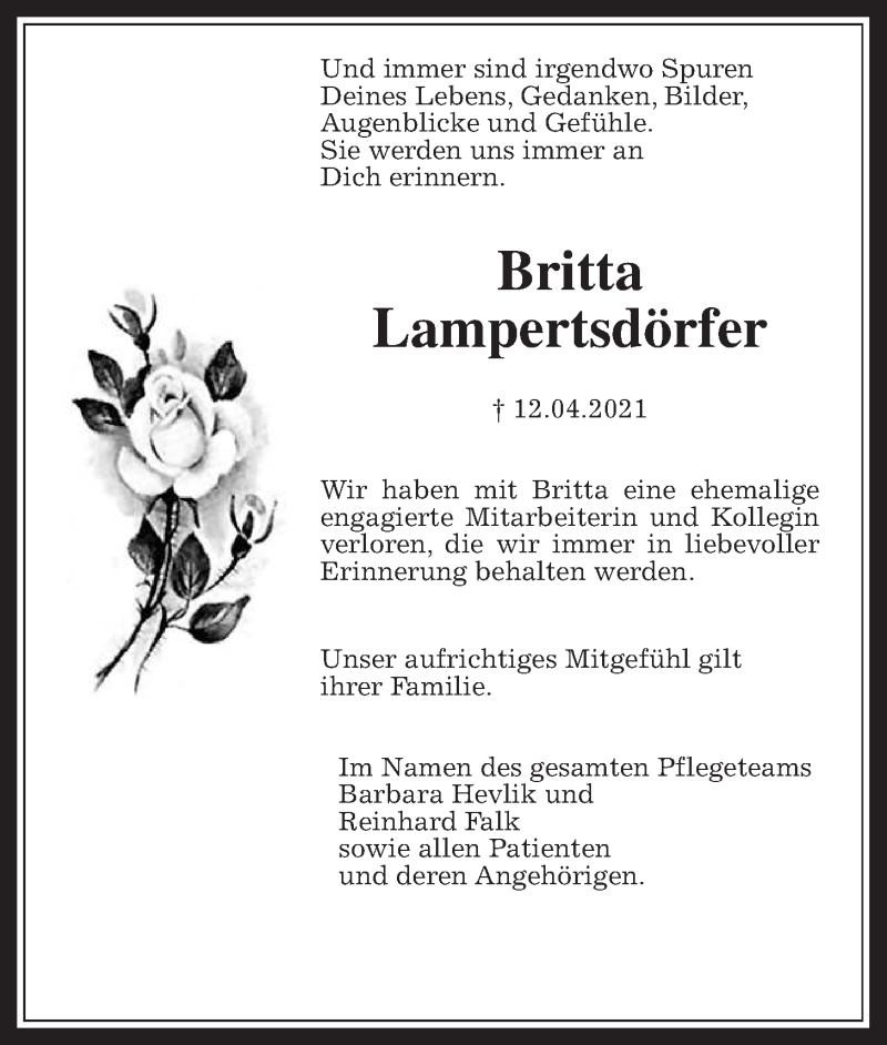  Traueranzeige für Britta Lampertsdörfer vom 30.04.2021 aus Alsfelder Allgemeine