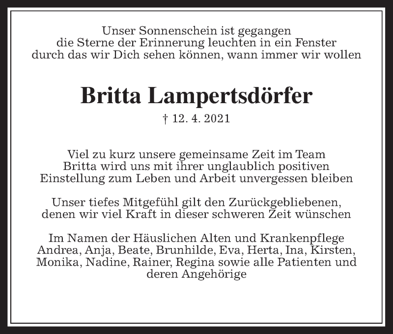 Traueranzeige für Britta Lampertsdörfer vom 24.04.2021 aus Giessener Allgemeine, Alsfelder Allgemeine
