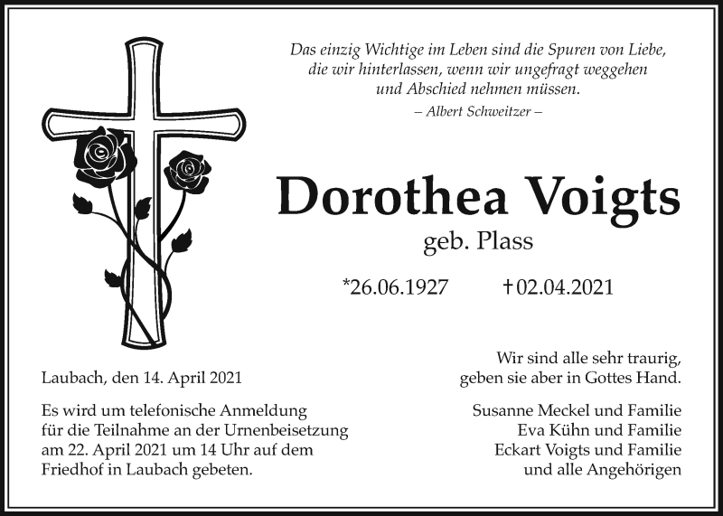  Traueranzeige für Dorothea Voigts vom 14.04.2021 aus Laubacher Anzeiger