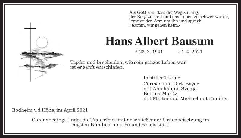  Traueranzeige für Hans Albert Bausum vom 10.04.2021 aus Wetterauer Zeitung