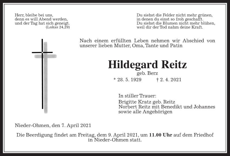  Traueranzeige für Hildegard Reitz vom 07.04.2021 aus Giessener Allgemeine, Alsfelder Allgemeine
