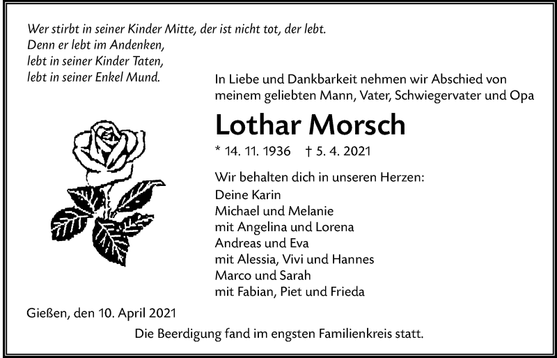  Traueranzeige für Lothar Morsch vom 10.04.2021 aus Giessener Allgemeine, Alsfelder Allgemeine