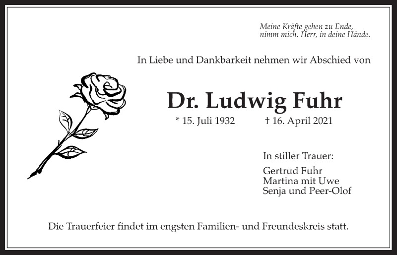  Traueranzeige für Ludwig Fuhr vom 24.04.2021 aus Wetterauer Zeitung