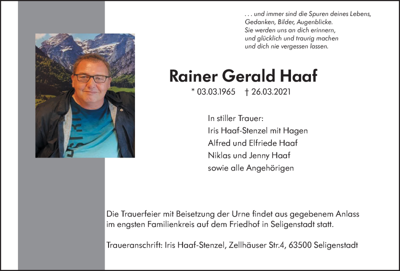  Traueranzeige für Rainer Gerald Haaf vom 03.04.2021 aus Giessener Allgemeine, Alsfelder Allgemeine
