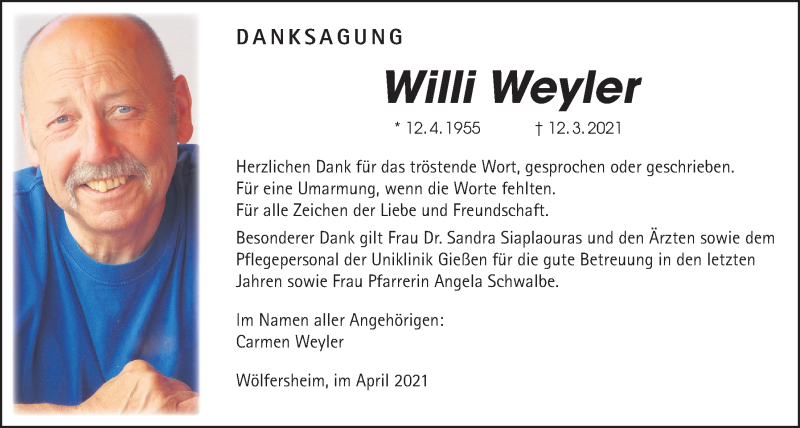  Traueranzeige für Willi Weyler vom 10.04.2021 aus Wetterauer Zeitung
