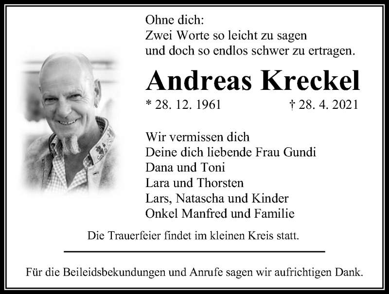  Traueranzeige für Andreas Kreckel vom 08.05.2021 aus Alsfelder Allgemeine