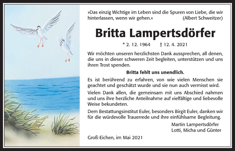  Traueranzeige für Britta Lampertsdörfer vom 08.05.2021 aus Giessener Allgemeine, Alsfelder Allgemeine