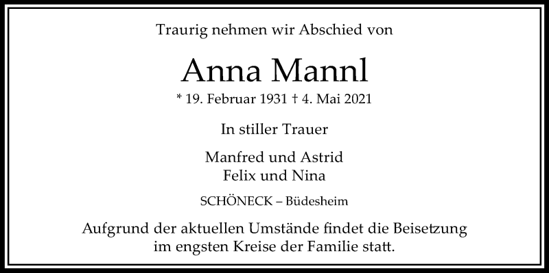  Traueranzeige für Anna Mannl vom 14.05.2021 aus Bad Vilbel/Karben