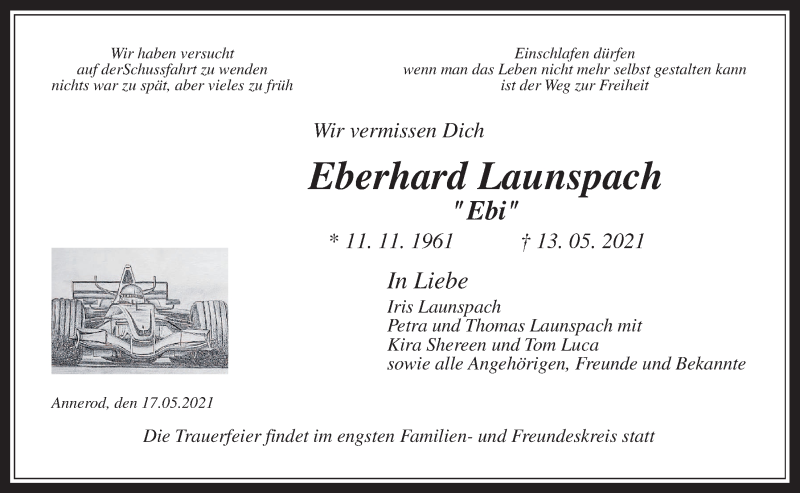  Traueranzeige für Eberhard Launspach vom 17.05.2021 aus Giessener Allgemeine, Alsfelder Allgemeine