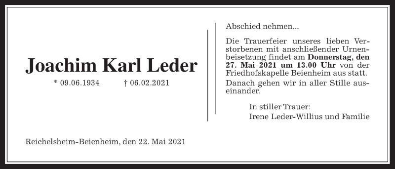  Traueranzeige für Joachim Karl Leder vom 22.05.2021 aus Wetterauer Zeitung