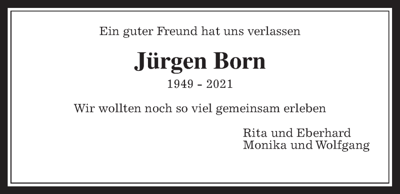  Traueranzeige für Jürgen Born vom 15.05.2021 aus Wetterauer Zeitung