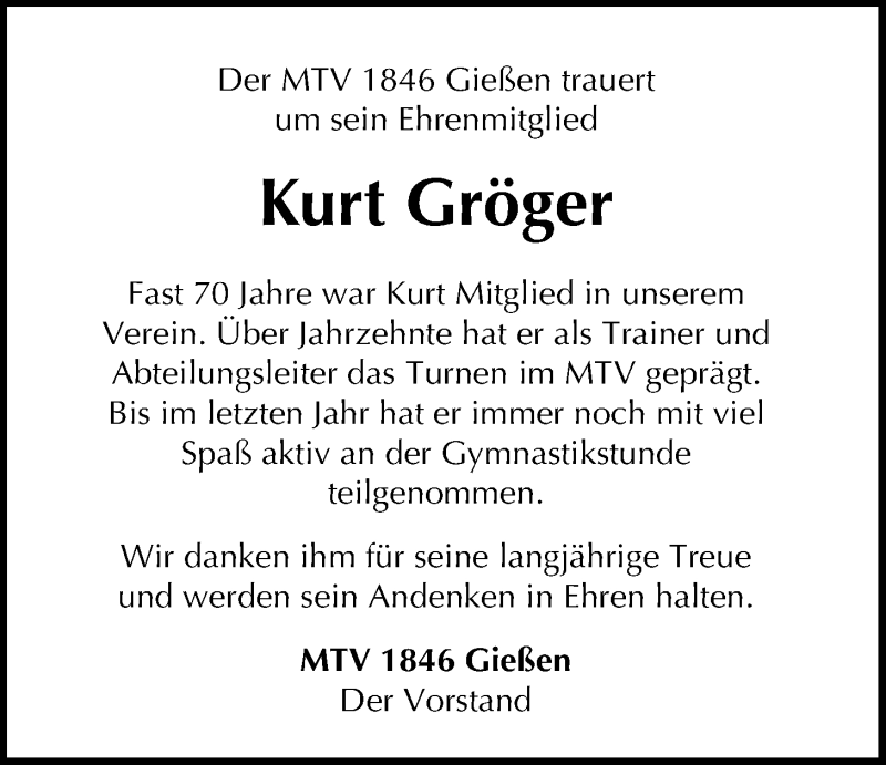  Traueranzeige für Kurt Gröger vom 29.05.2021 aus Giessener Allgemeine, Alsfelder Allgemeine