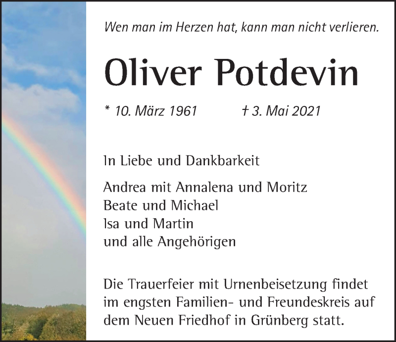  Traueranzeige für Oliver Potdevin vom 15.05.2021 aus Giessener Allgemeine, Alsfelder Allgemeine