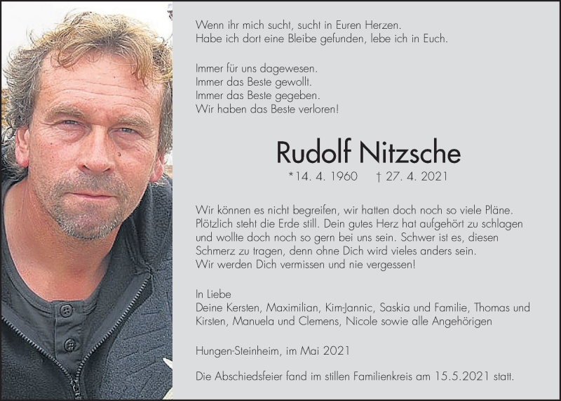  Traueranzeige für Rudolf Nitzsche vom 22.05.2021 aus Giessener Allgemeine, Alsfelder Allgemeine