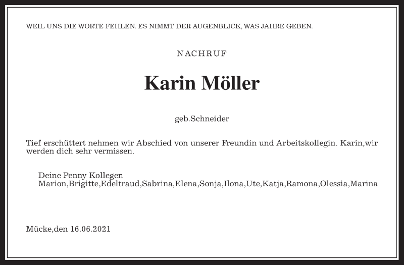  Traueranzeige für Karin Möller vom 19.06.2021 aus Alsfelder Allgemeine