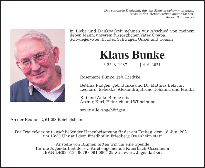  Traueranzeige für Klaus Bunke vom 12.06.2021 aus Wetterauer Zeitung
